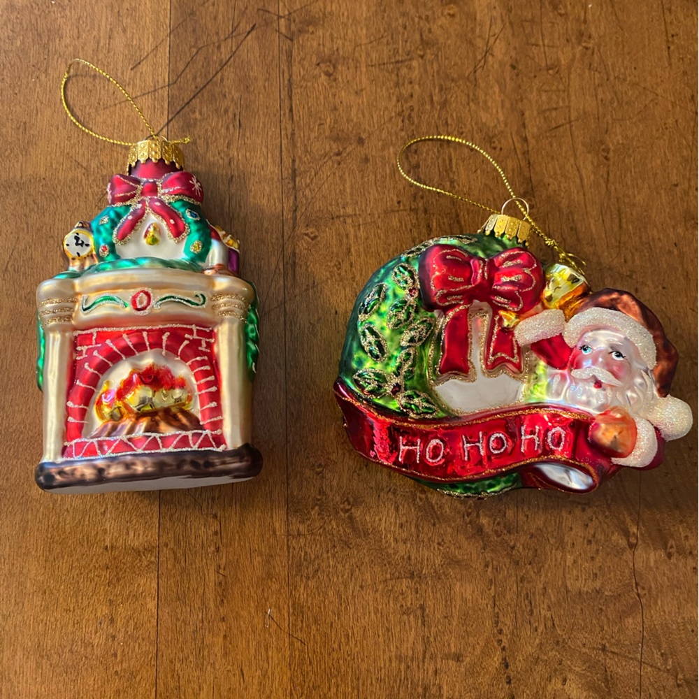 Festive Christmas Tree Ornaments Glass - Santa and Fireplace Hearth Lot of 2
